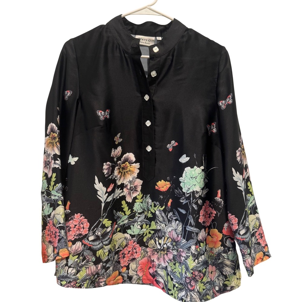 Mary G. Palm Beach Floral Butterfly Tunic Women's‎ Small Black Mandarin Collar